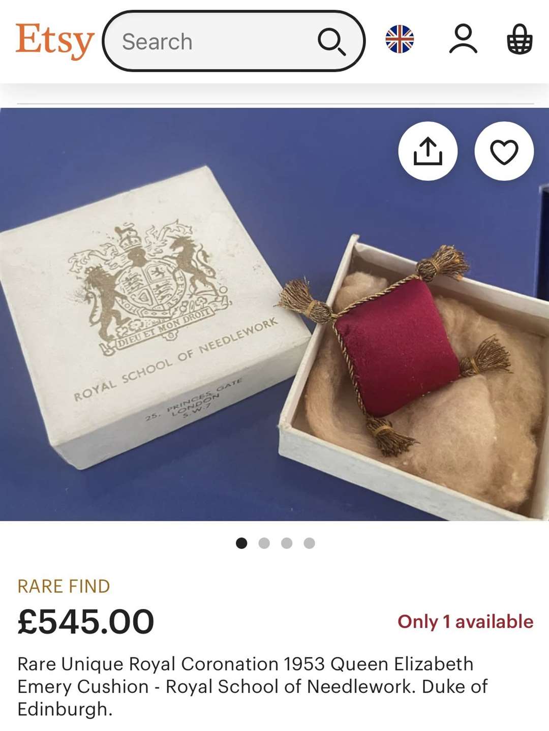 The listing for the emery cushion has one product priced at more than £500