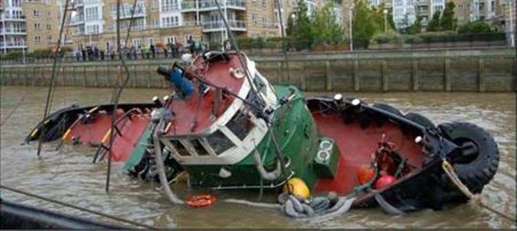 The Chiefton capsized near Greenwich Pier in the River Thames in August 2011. Picture: MAIB