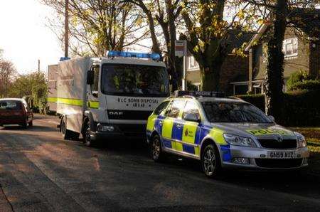 Police and Royal Logistics Corps vehicles after chemicals were found in a poperty in Ham Shades Lane, Whitstable on Friday morning.
