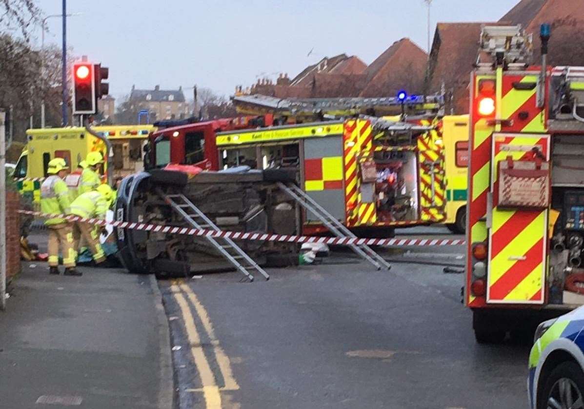 The overturned car at the junction of Wrotham Road and Old Road West in Gravesend