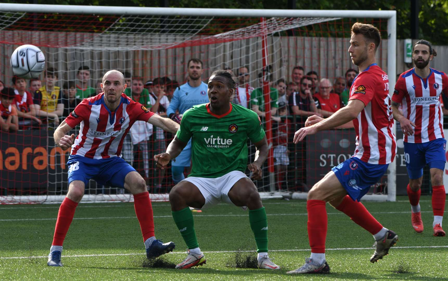 All eyes on the ball as Ebbsfleet battle it out at Dorking Wanderers. Picture: Barry Goodwin