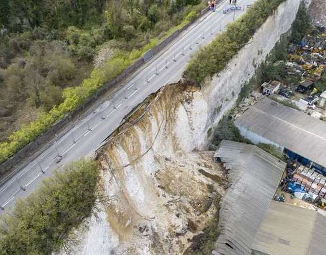 The A226 Galley Hill Road in Swanscombe has been shut since April last year following a major landslip. Photo: High Profile Aerial