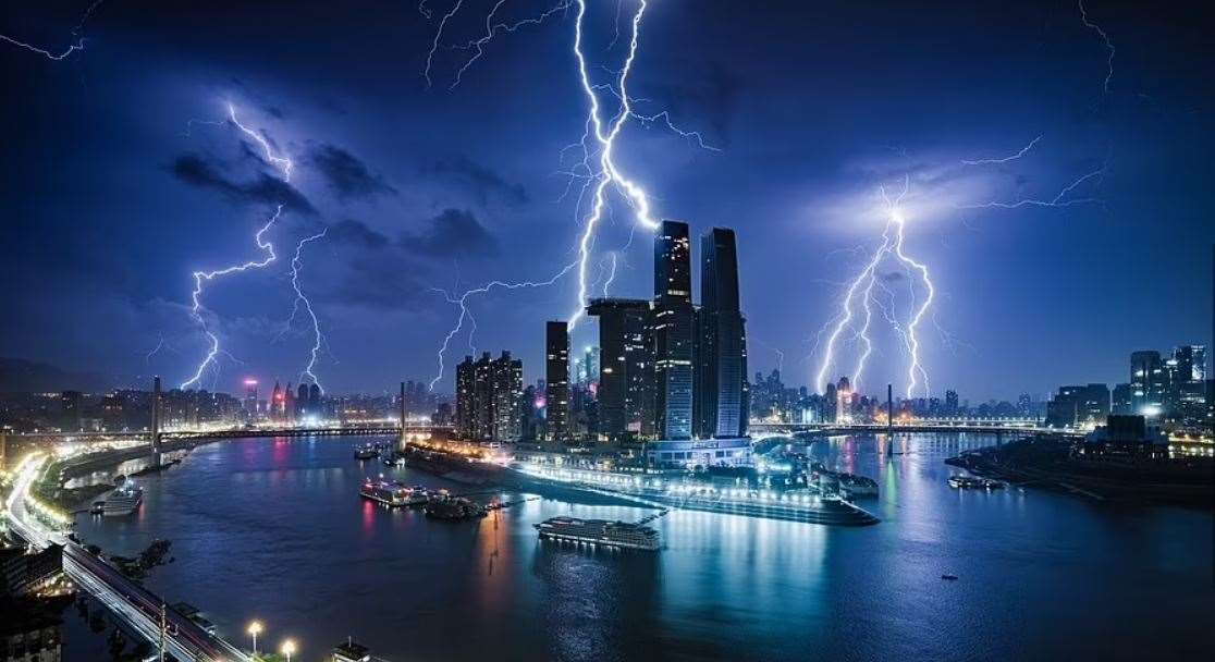 Lightning in the night sky over the city of Chongqing in China captured by Lui Xing
