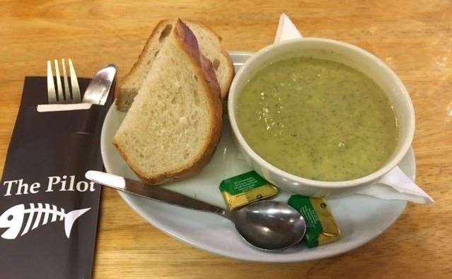 The broccoli and stilton soup was served with large chunks of crusty bread and butter