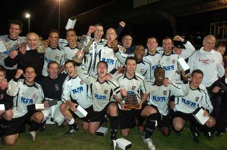 The victorious Bromley squad celebrate their extra-time win. Picture: BARRY GOODWIN