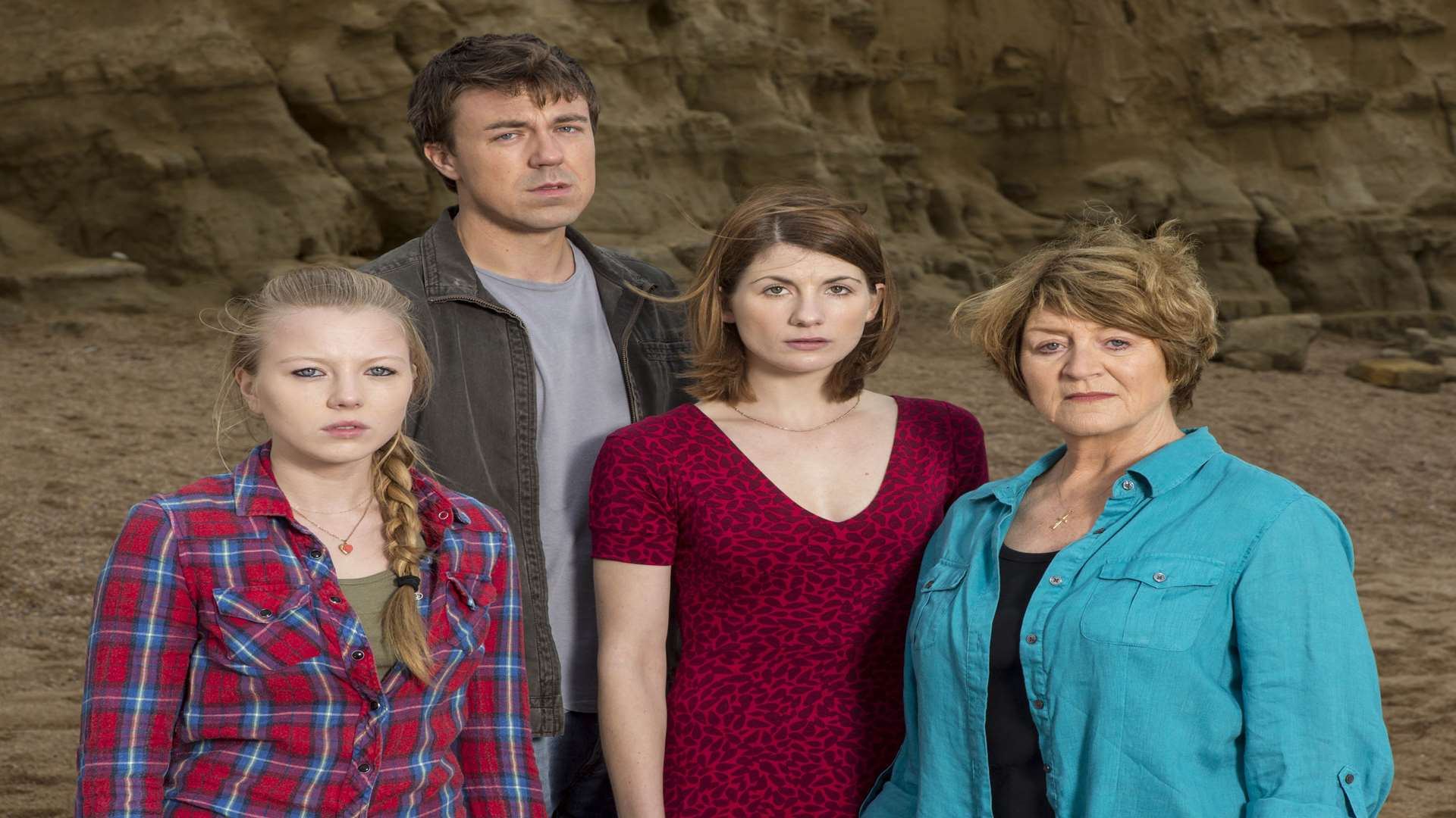 Jodie Whittaker as Beth Latimer (second on the right) in Broadchurch is seen on screens taking up a similar role