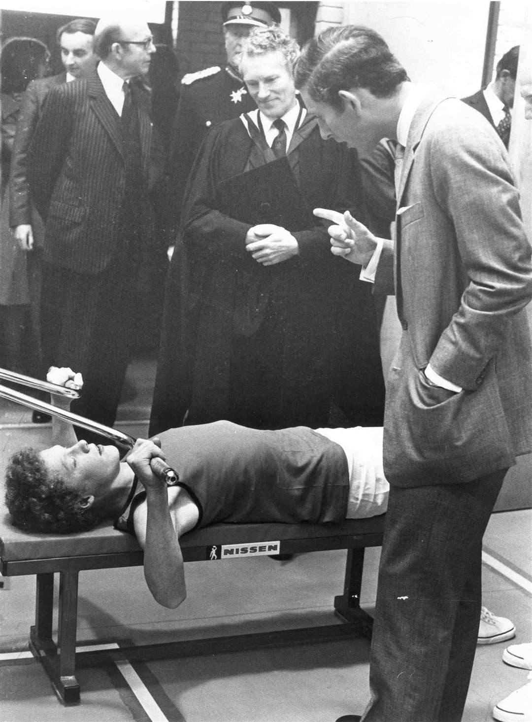 The Prince of Wales opened the £500,000 Marley Sports Centre at Sevenoaks School in April 1977 and had a few words of advice for Michael Robinson, 16, who was demonstrating equipment in the gym