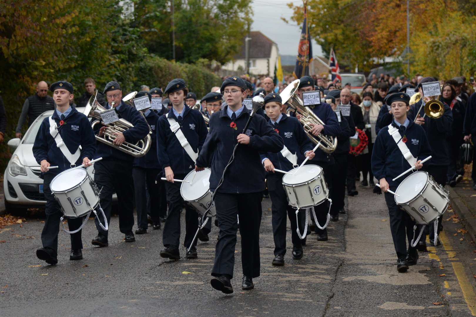 The Tonbridge Scout & Guide Band lead the Remembrance Sunday parade and service in Snodland. Picture: Chris Davey