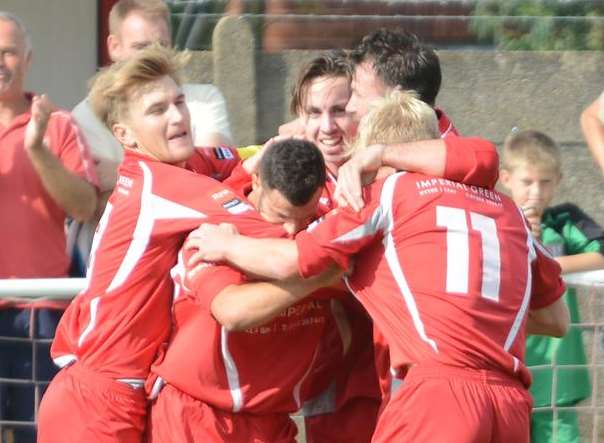 Hythe celebrate one of their four goals against Whitstable in the first qualifying round Picture: Gary Browne