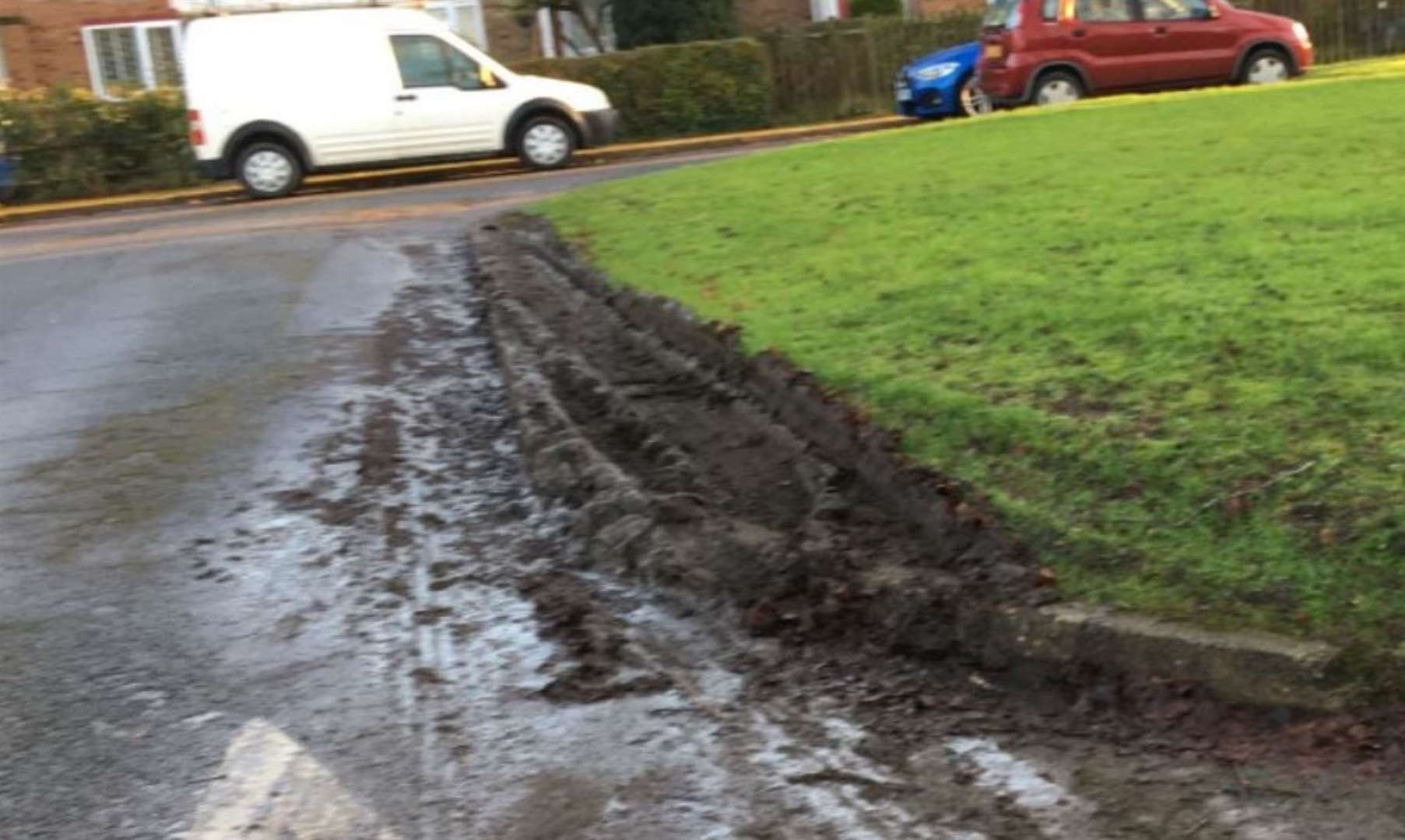 Part of the village green was churned up when a trucker tried to reverse. Picture: Cllr Paul Bartlett