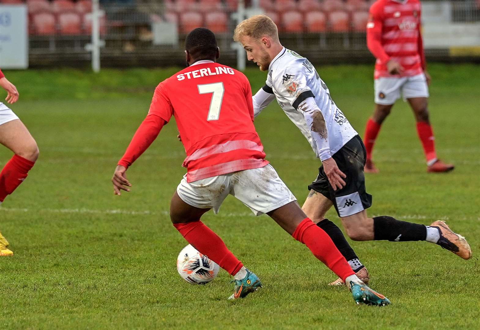 Alfie Paxman tries to get past Omari Sterling-James as Ebbsfleet win 2-1 at Dover. Picture: Stuart Brock