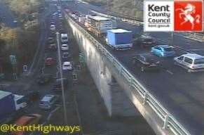 Traffic queuing to join the M2 after a crash on Blue Bell Hill