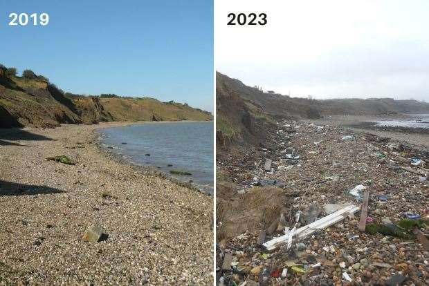 The beach towards the Eastchurch Gap, Sheppey, in 2019 and then in 2023. Picture: Daniel Hogburn