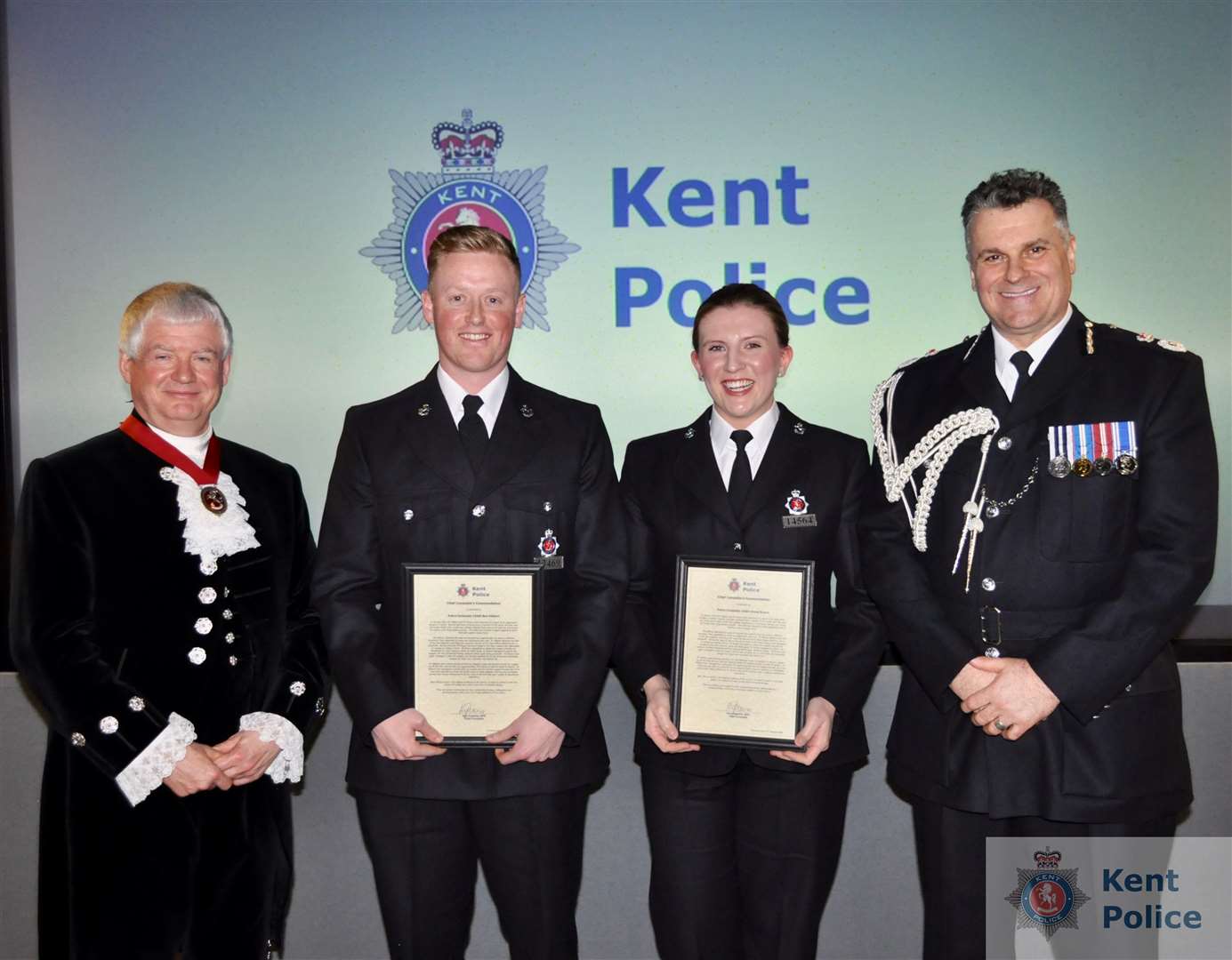 Officers Ben Hibbert and Aimee Bryers receiving their honour at Kent Police College in Maidstone
