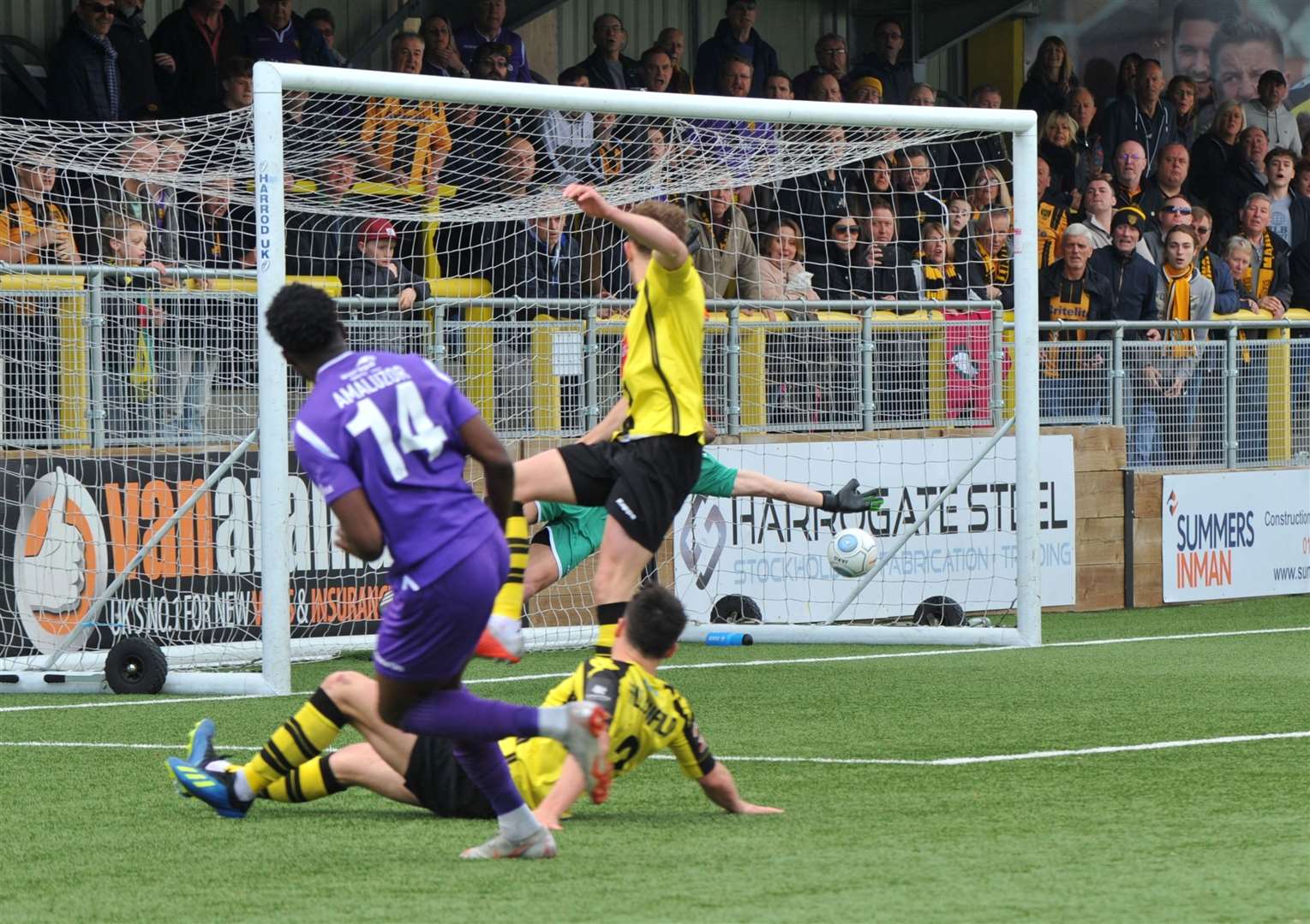 Justin Amaluzor fires Maidstone in front at Harrogate Picture: Steve Terrell