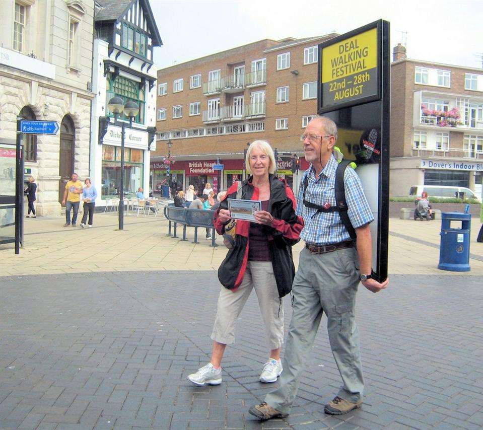Joy Davies and Gavin Trevelyan, from the White Cliffs Ramblers, promote the walking festival in Dover town centre