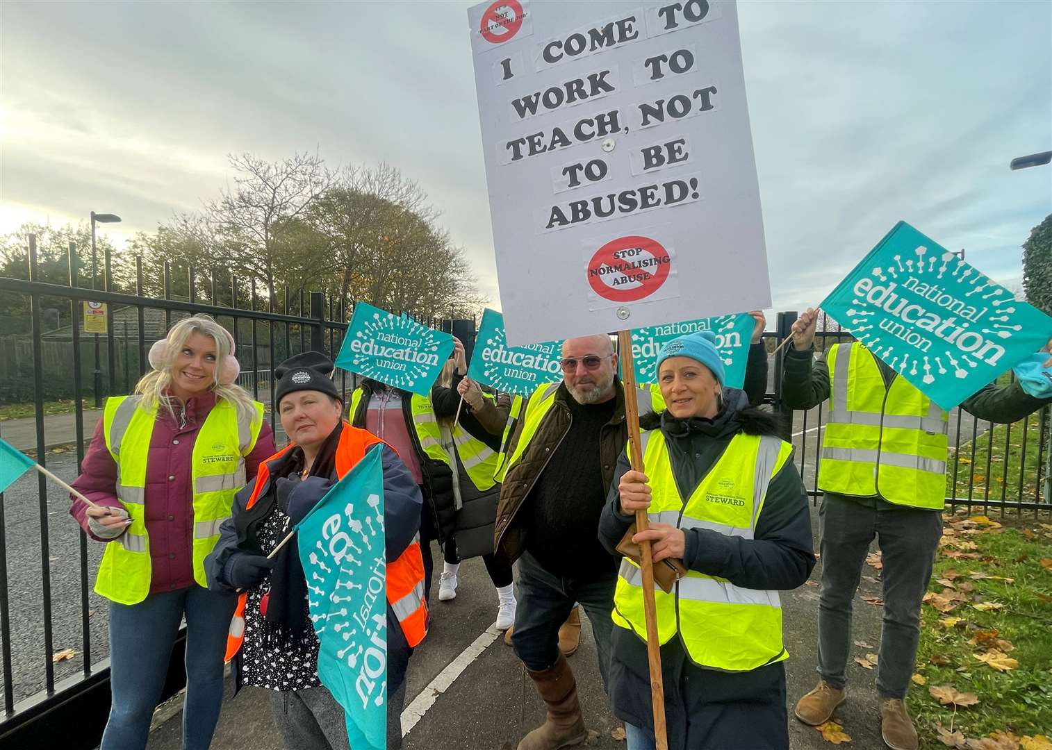 Teachers took the streets outside Oasis Academy over claims of constant abuse at the school. Picture: KMTV