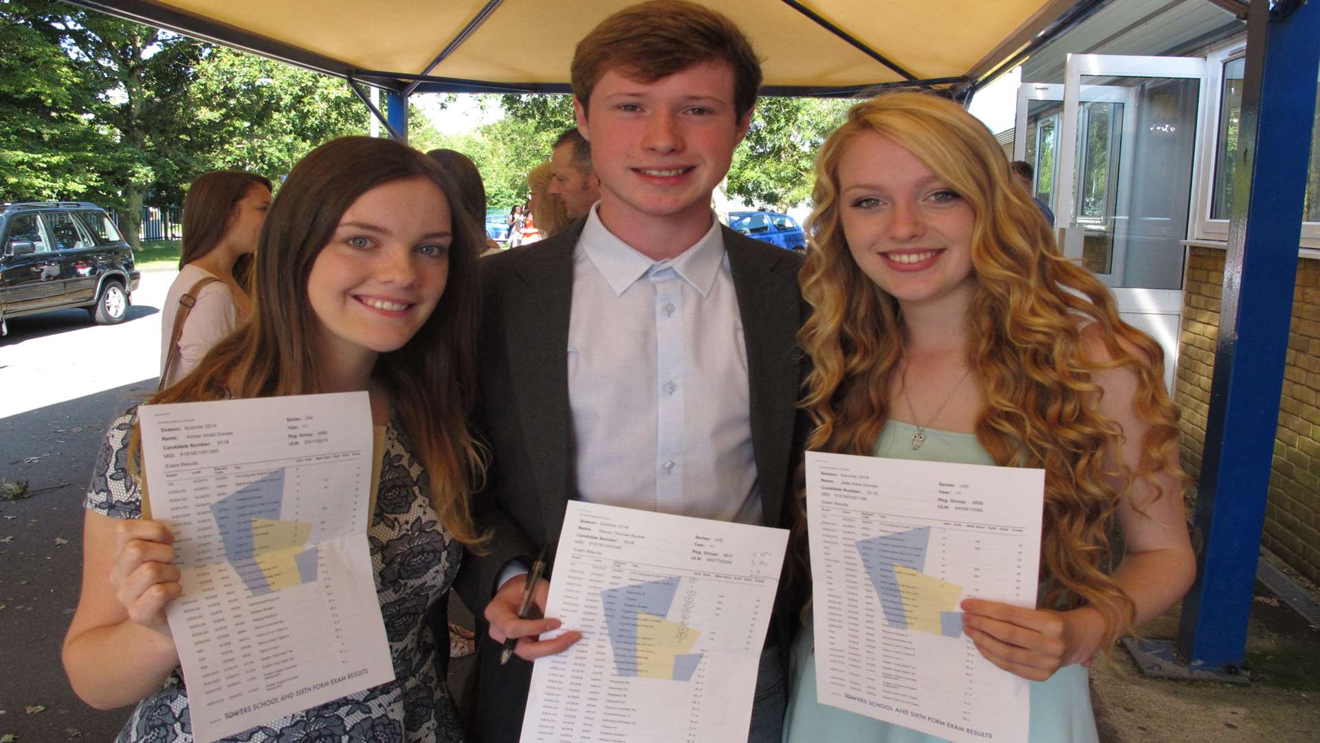Twins Amber, left, and Jade Groves with Reece Buckle at Towers School in Ashford