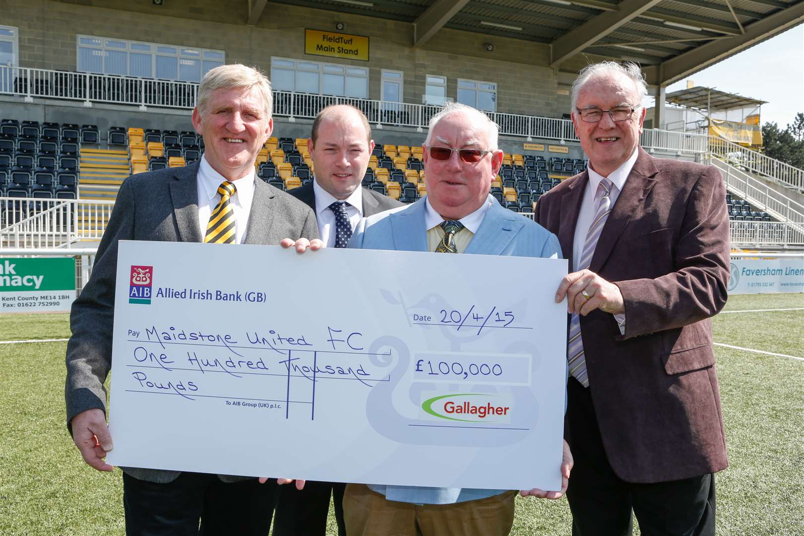 Pat Gallagher extends naming rights on The Gallagher Stadium until 2022. Pictured are: Terry Casey, Stephen Gallagher, Pat Gallagher and Bill Williams with the cheque. Picture: Matthew Walker FM3765679