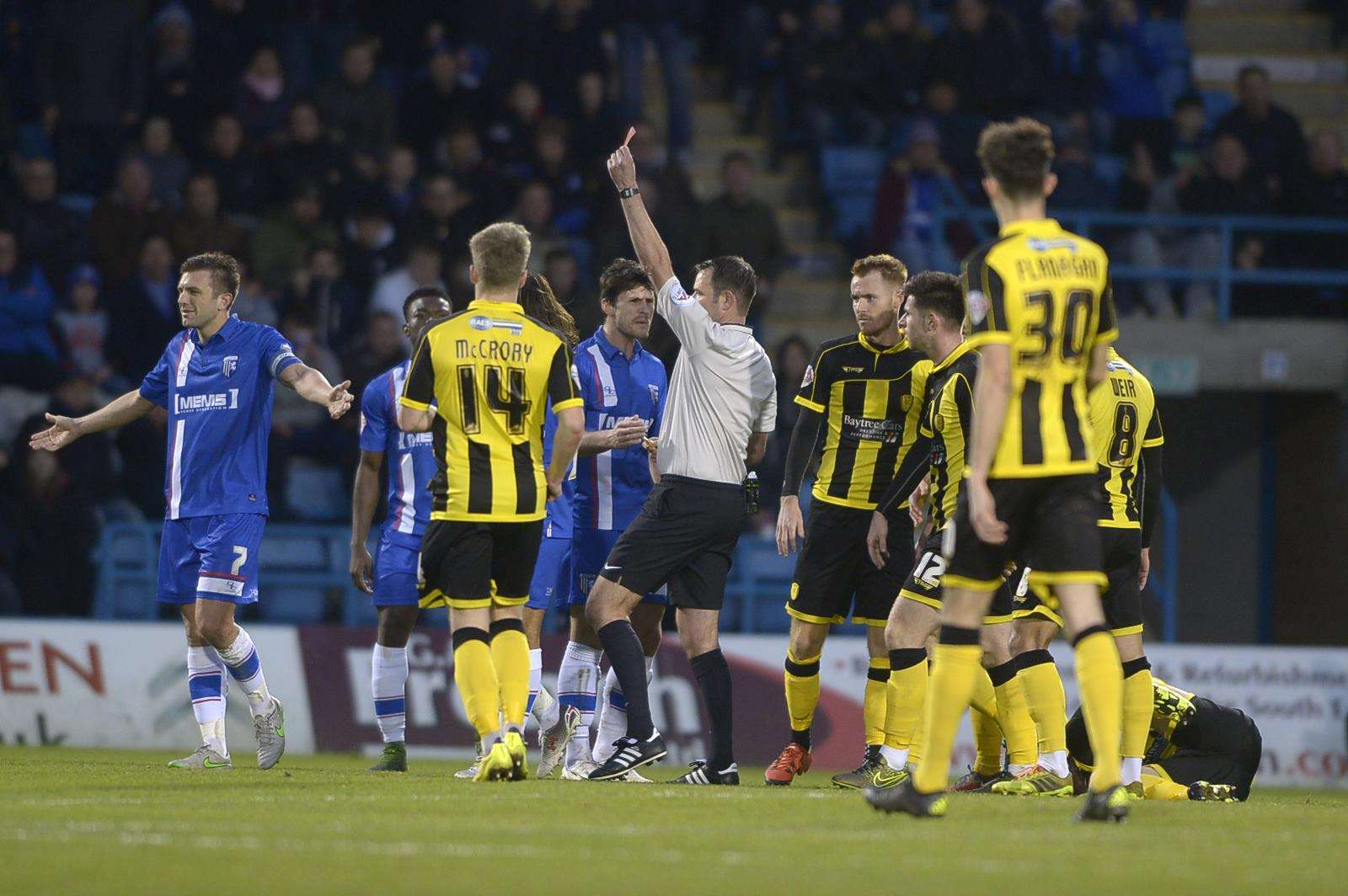 The turning point in the last meeting at Priestfield as captain Doug Loft is given a red card by referee James Linington Picture: Barry Goodwin