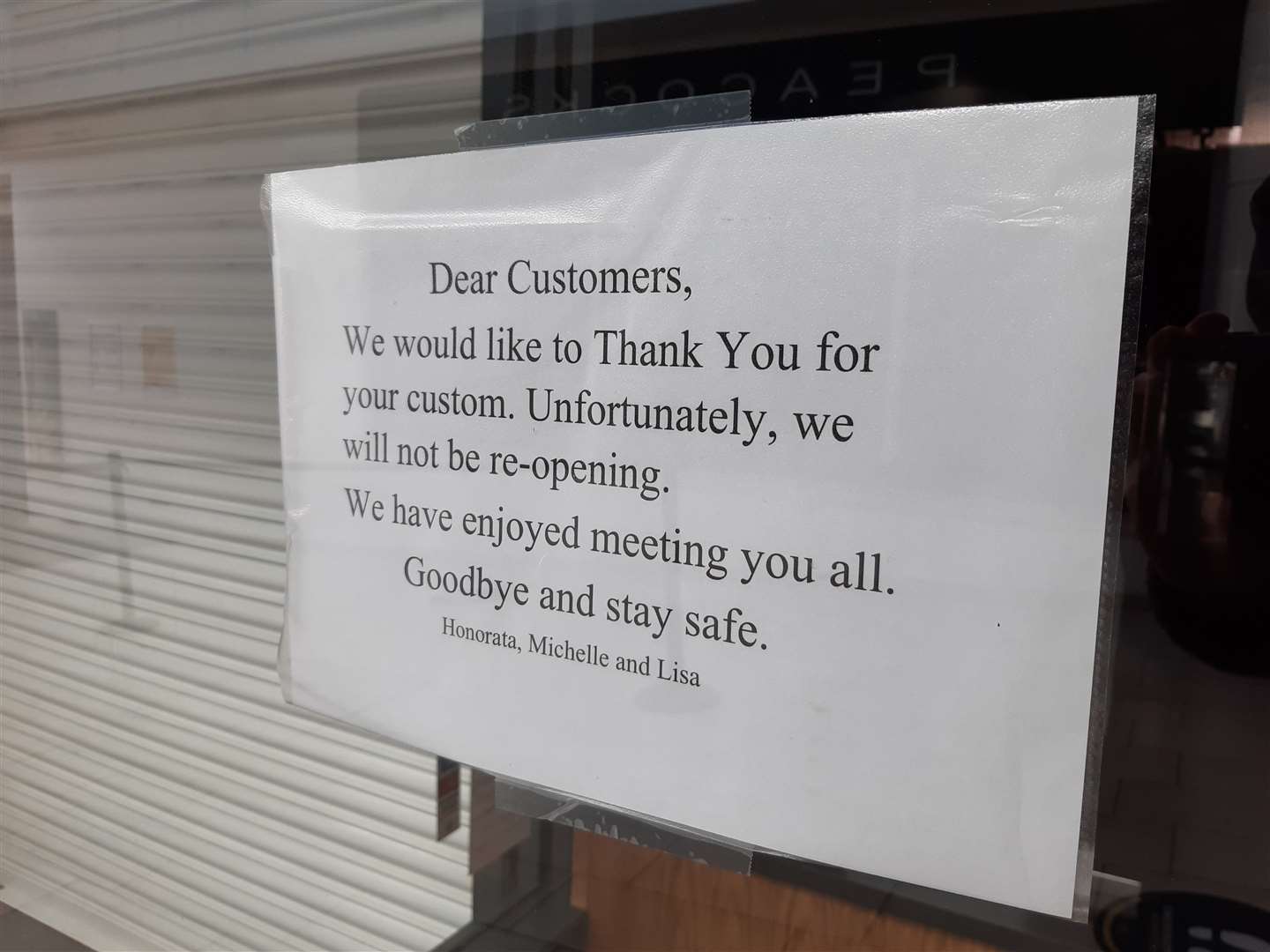A farewell note on display at the Ashford store