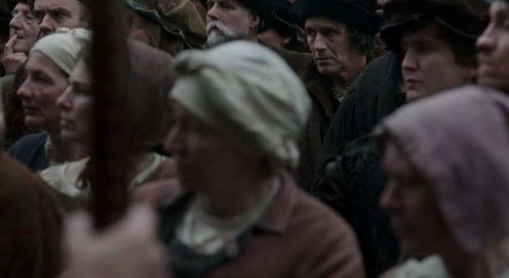 A wobbly screen shot from the BBC's screening of Wolf Hall shows Stuart Jaenicke left and Nadine Lawson left