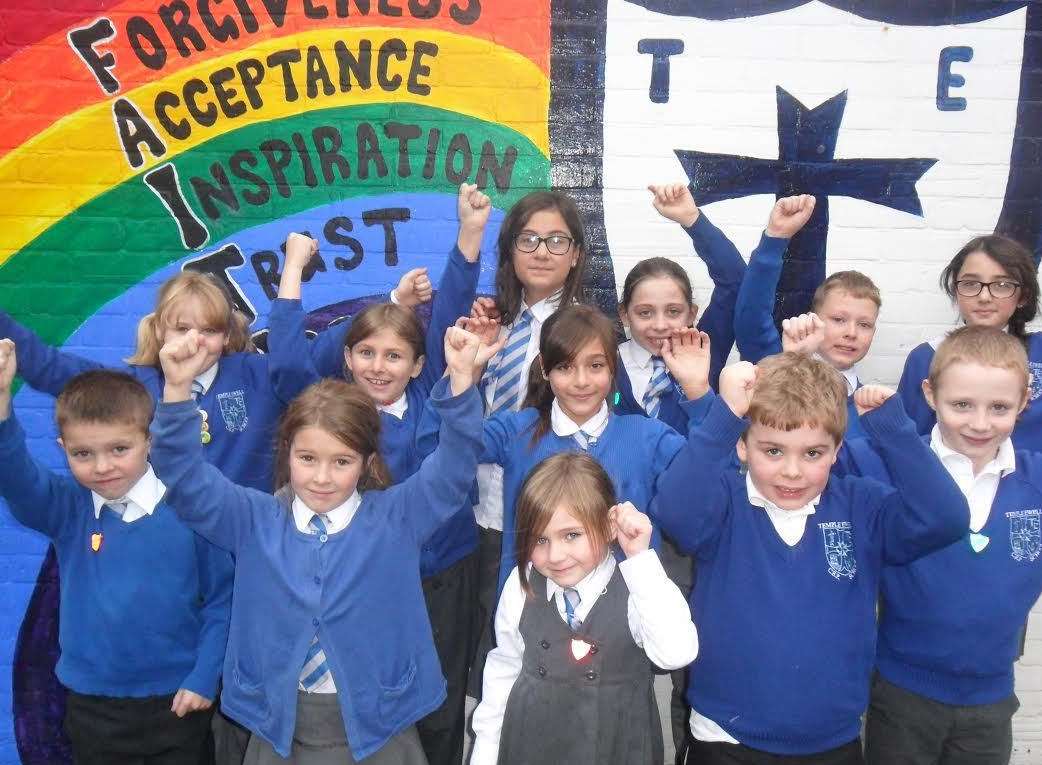Temple Ewell Primary school's council celebrating their recent success
