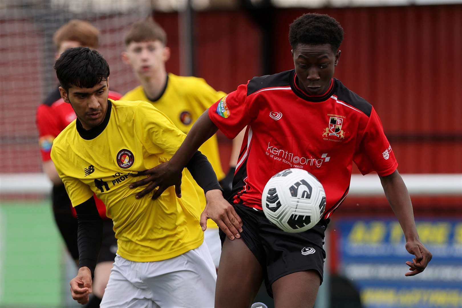 Action from the Kent Merit Under-15 Boys Plate Final between Rochester United and Ebbsfleet United. Picture: PSP Images