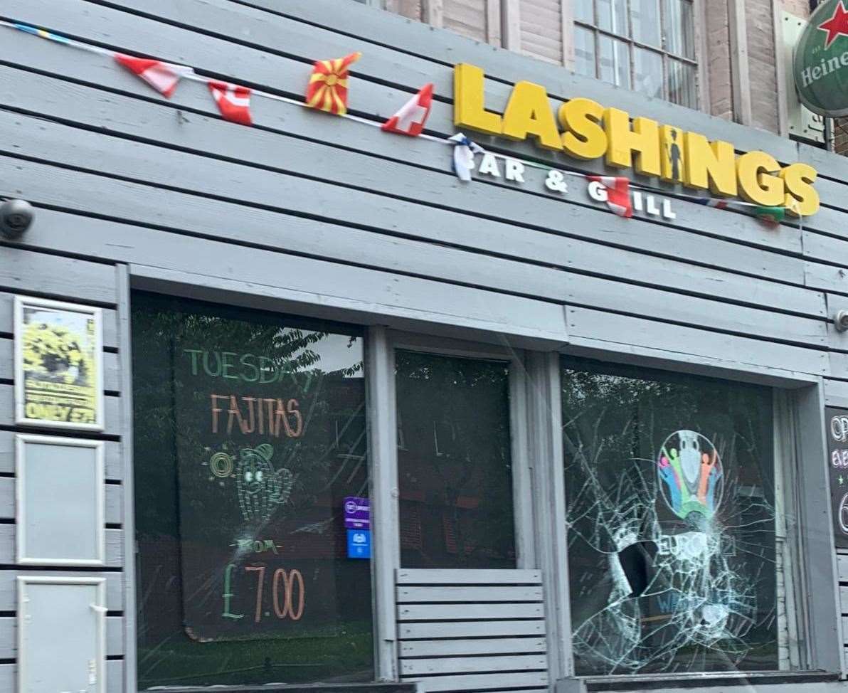 Two windows were smashed at Lashings sports bar on Upper Stone Street, Maidstone, after England's Euro 2020 final loss to Italy. Picture supplied by Courteney Dowling