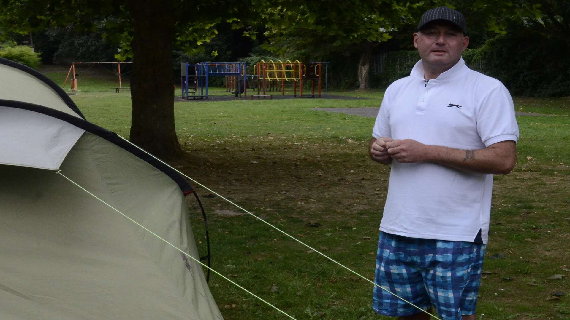 Wayne Myers has been living in a tent in a children's play park for two years.