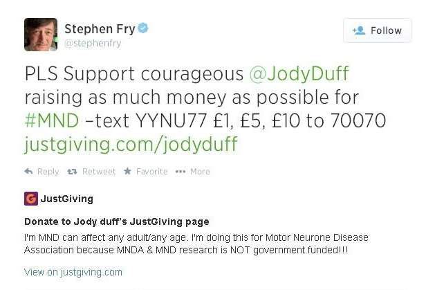 Stephen Fry has tweeted his support for Jody and MNDA