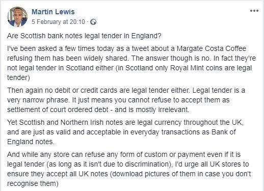 Money and consumer expert Martin Lewis said Scottish notes were officially not legal tender anywhere in the UK