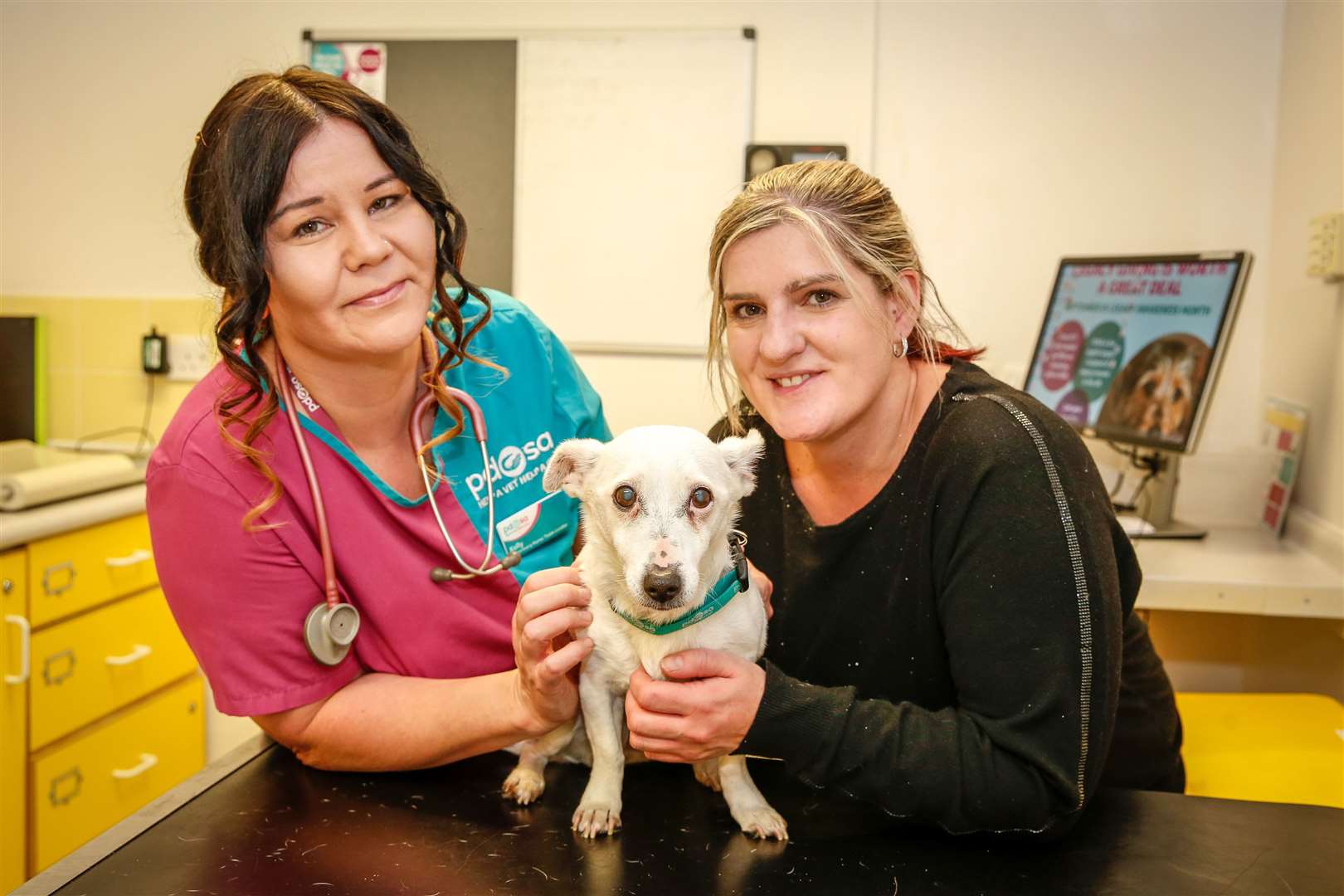 From left, PDSA vet nurse Kelly Fletcher, Lily, and owner Jenny