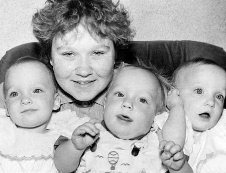 Shirley Morris with triplets Natalie, Shane and Sarah one year old on September 29 1989