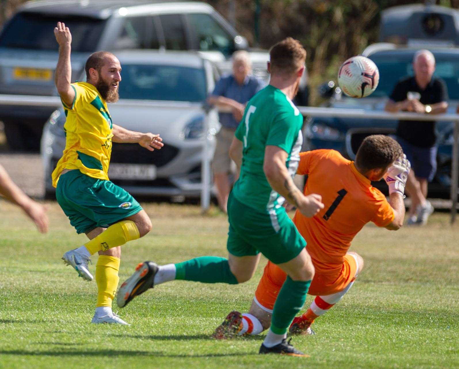 Adem Ramadan gives Ashford United the lead at Sutton Athletic Picture: Ian Scammell