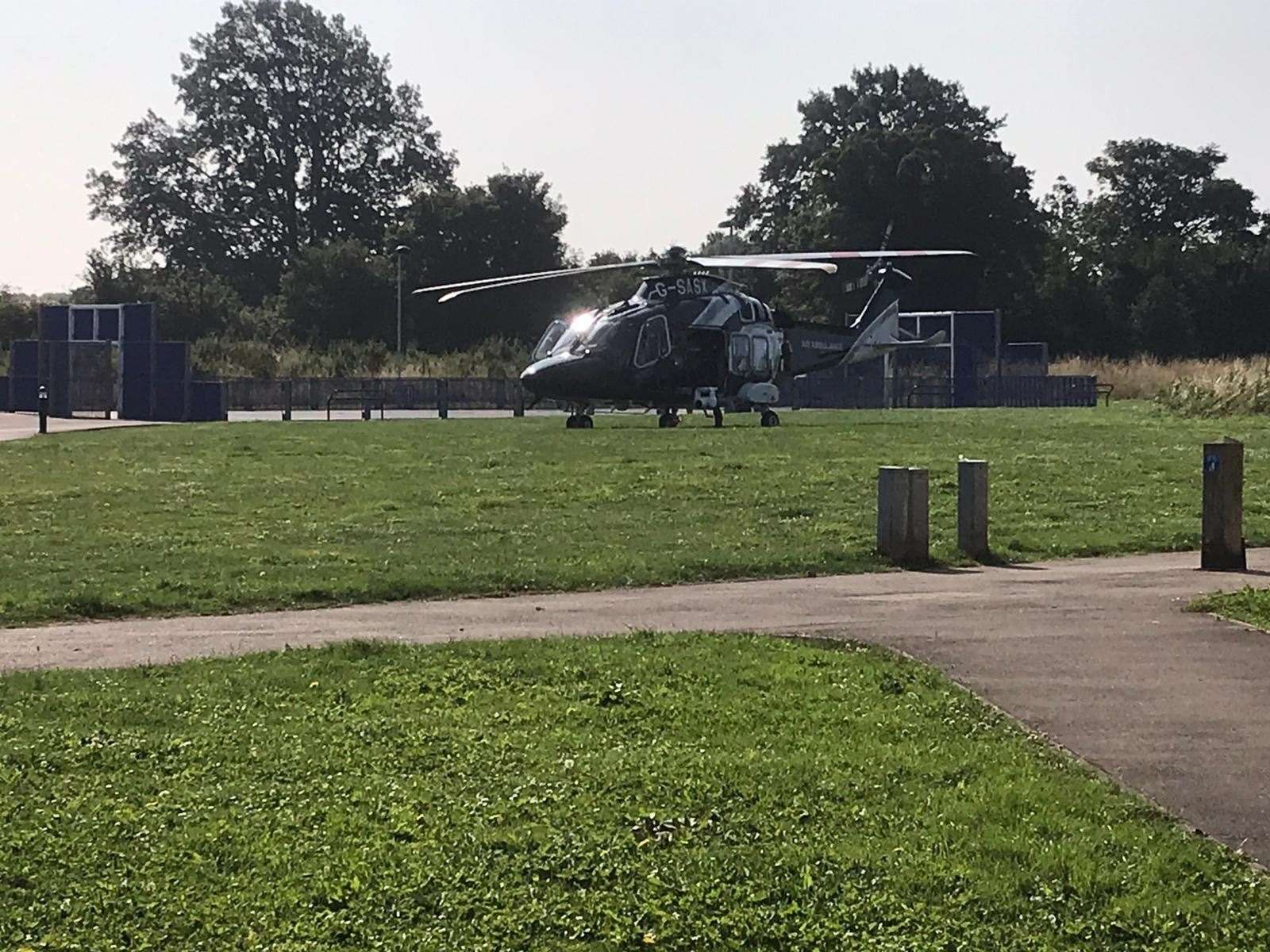 The air ambulance at the Eden Village estate this morning