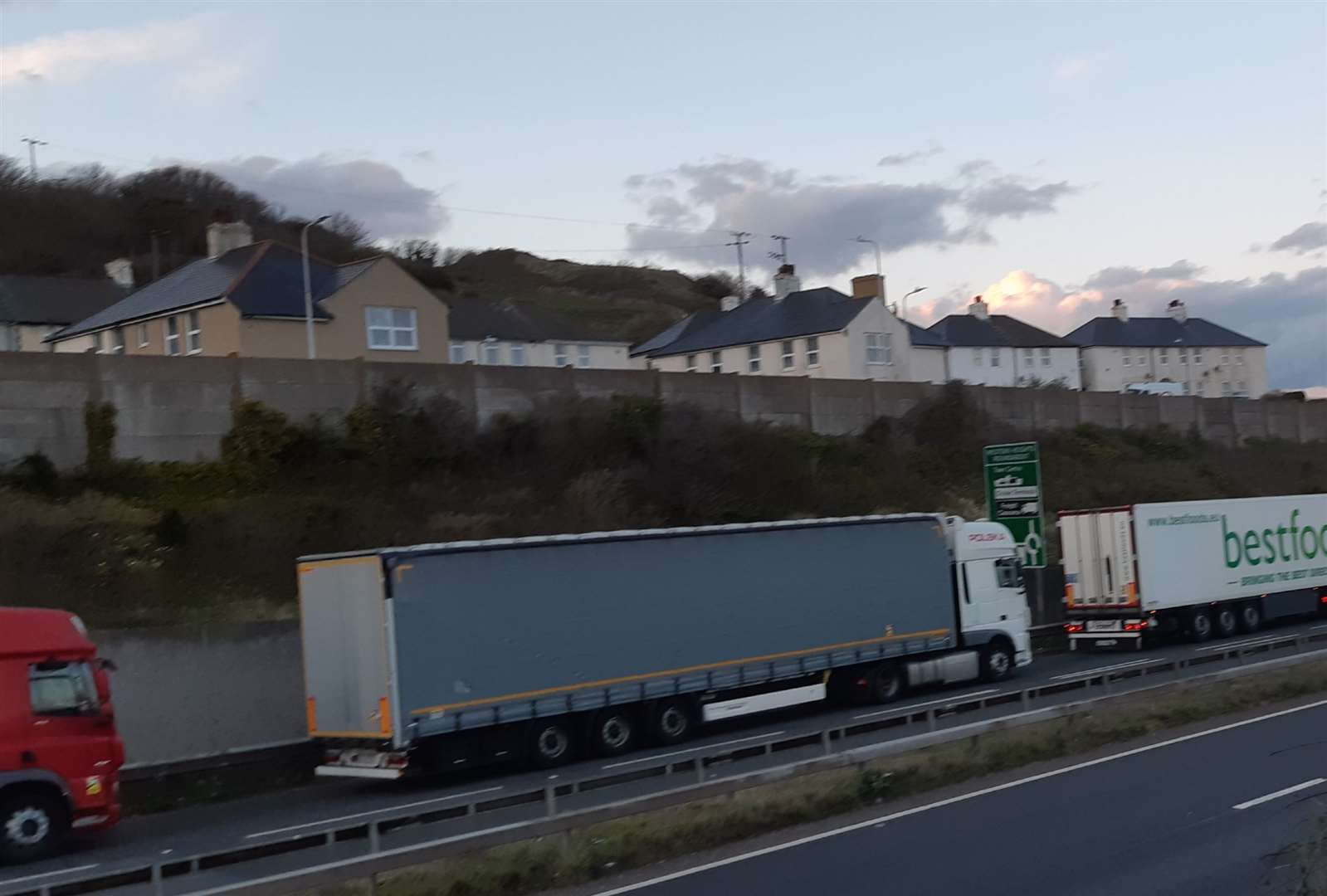 The closeness of lorries queuing in Dover TAP to the houses at Aycliffe. Library picture