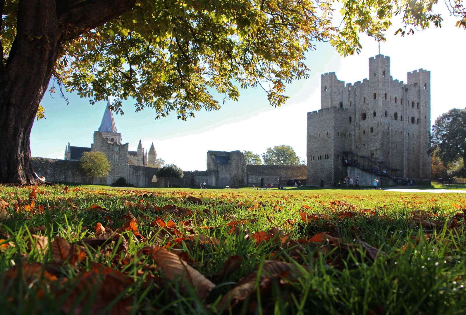 Rochester Castle Gardens in the autumn sunshine. Credit David Mathias.