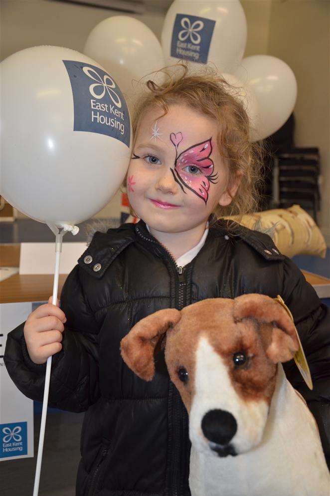 Kimberley Warren, four, enjoyed facepainting with Monty at an event focused on the new scheme for East Kent Housing's Laleham Play Area.