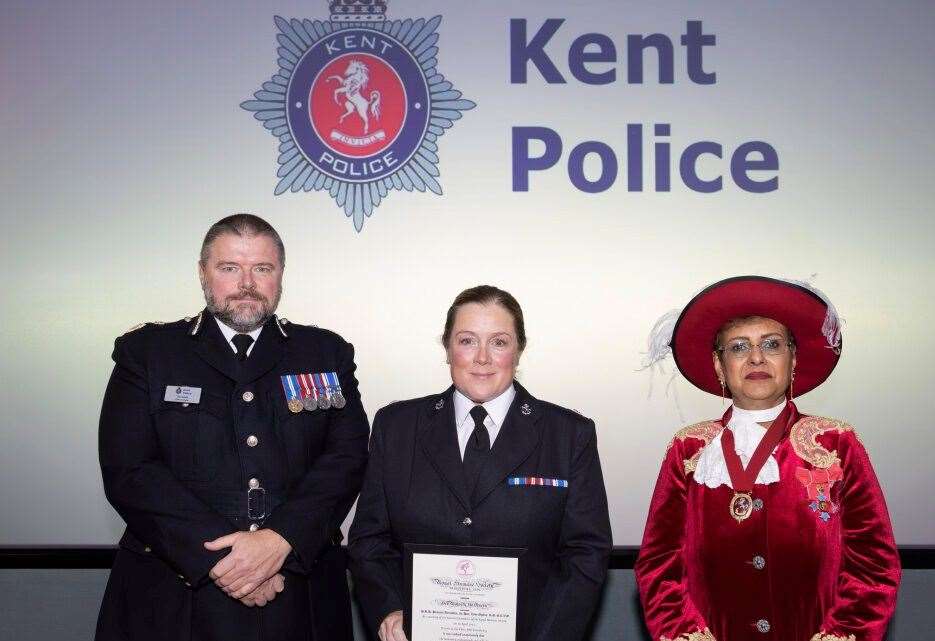 Award winner Sam Haspell with Chief Constable Tim Smith and the High Sheriff of Kent, Nadra Ahmed. Picture: Kent Police