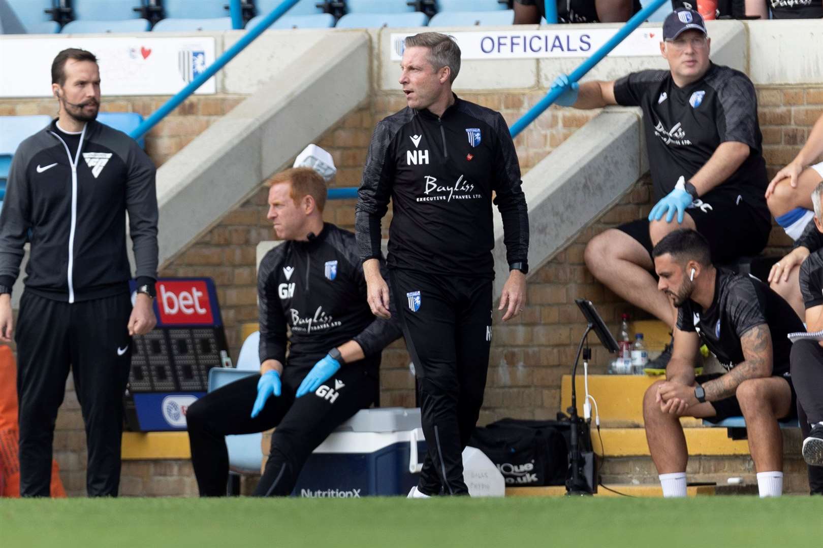 Neil Harris in the technical area for Gillingham’s game against Mansfield Town at Priestfield Picture: @Julian_KPI