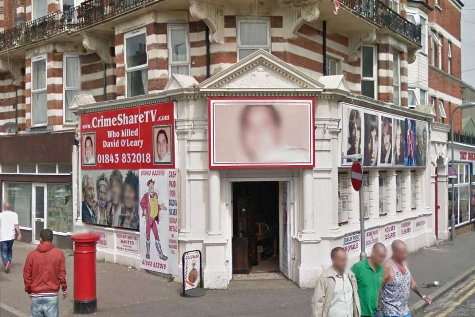 Dan O'Leary's shop in Cliftonville displays appeal posters following the death of his son David. Picture: Google Street View.