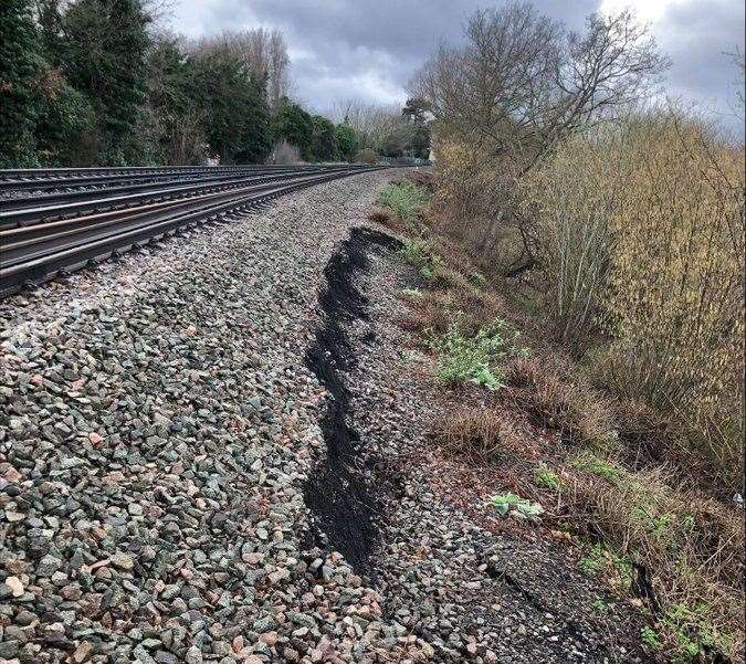 Trains between Rainham and Faversham are currently unable to run due to a landslide emerging. Picture: Network Rail