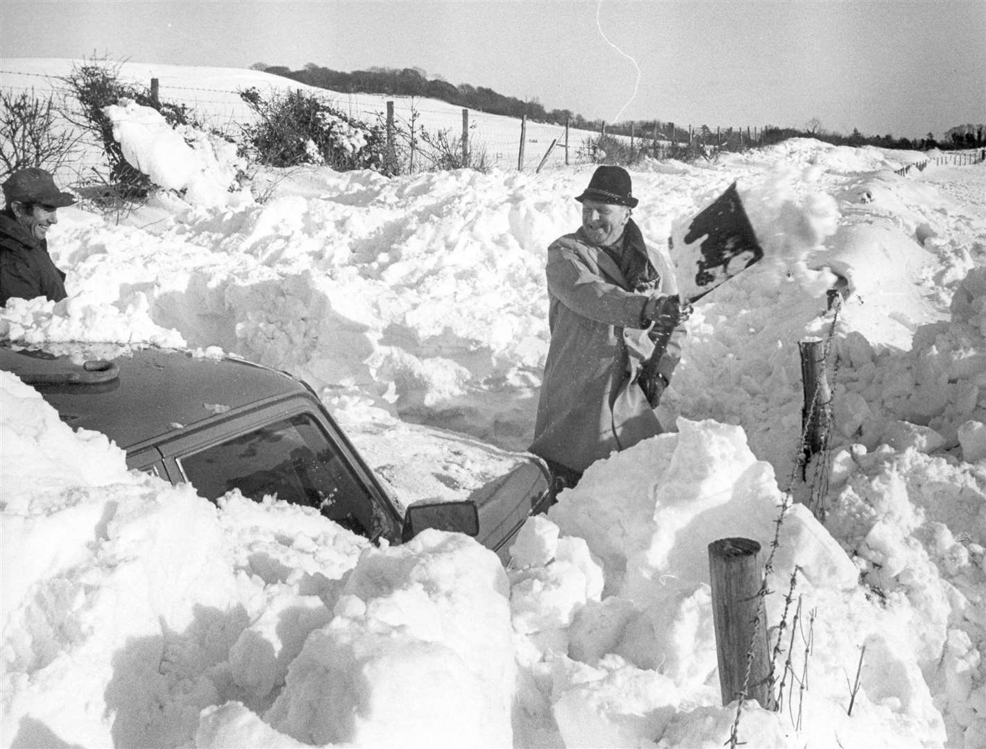 A car trapped in heavy snowfall in Kent in 1979