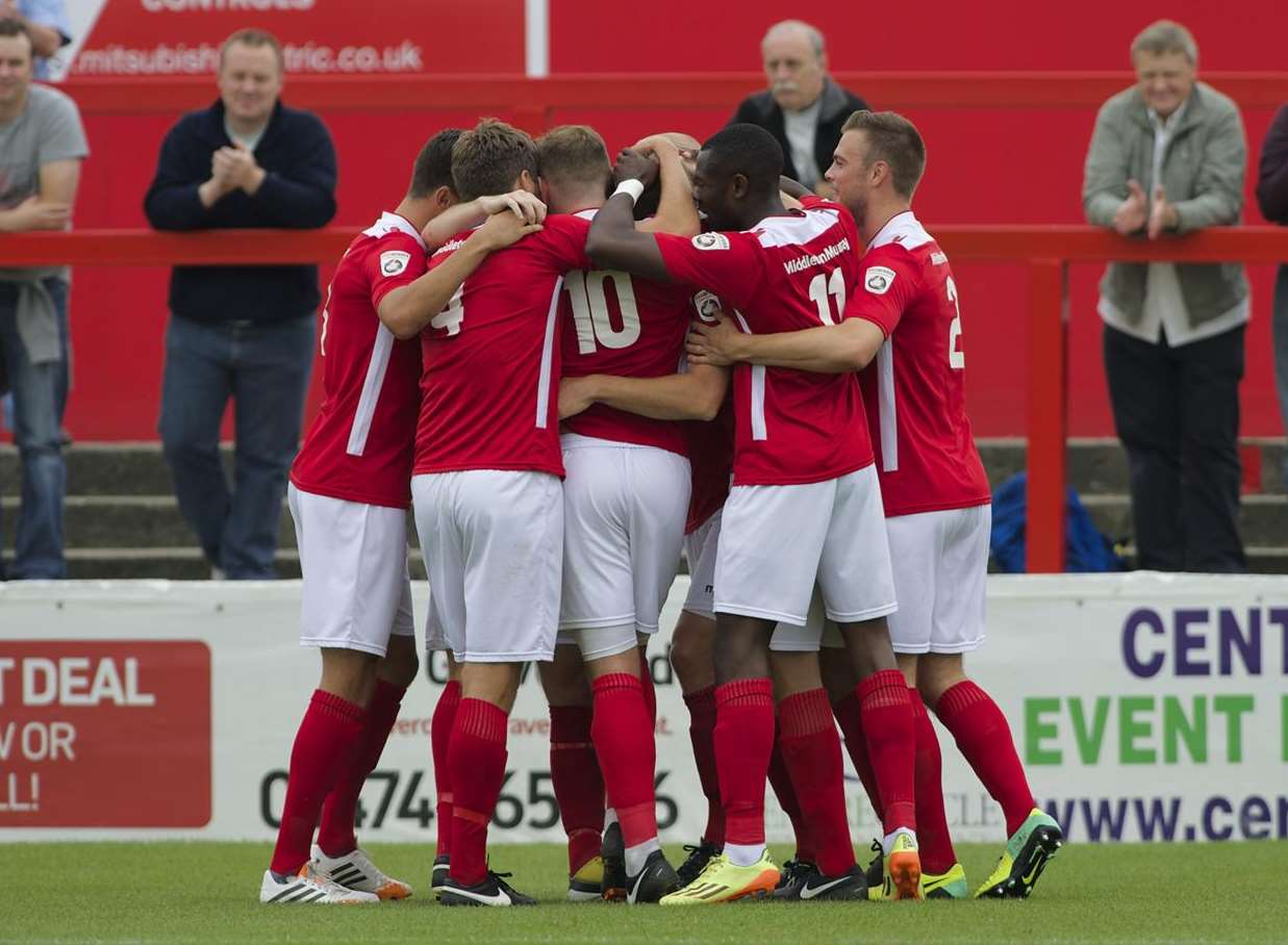 Anthony Cook (second from right) celebrates a goal with his Ebbsfleet team-mates Picture: Andy Payton