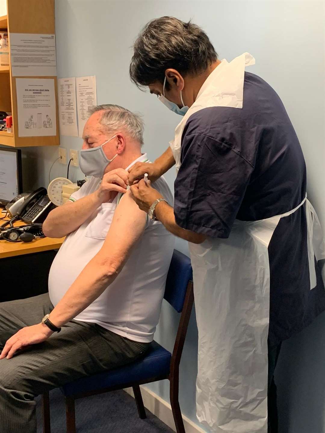 Frederick Hall, 80, from Swanscombe, receiving one of the first vaccines at Swanscombe Health Centre. Picture: NHS Kent and Medway Clinical Commissioning Group