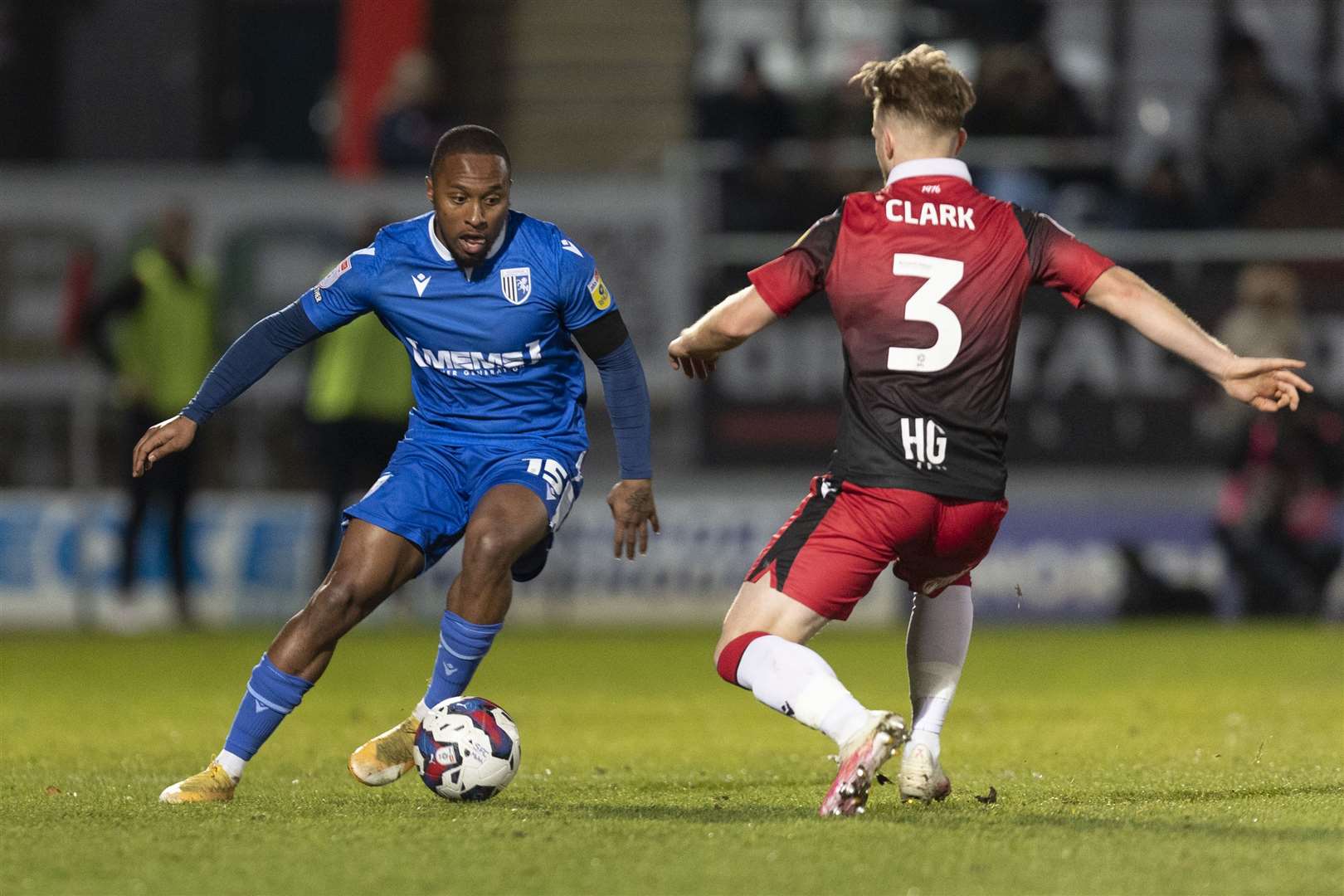 Callum Harriott takes on his man after coming off the bench