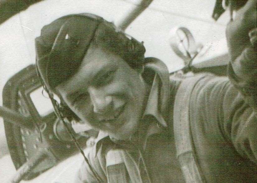 2nd Lieutenant Theodore "Teddy" Chronopolis, 44/6133's Bombardier, at his position in the nose of his B 17 whilst flying at 20,000 feet. He was the sole survivor of 44/6133's crew. Picture: Jeanne Cronis-Campbell. (12687554)