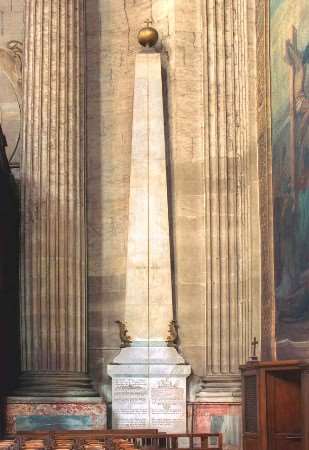 The original obelisk in Saint-Sulpice, complete with brass line (notice the damage to the plinth where names were scratched out during the revolution) Picture: David P Henry