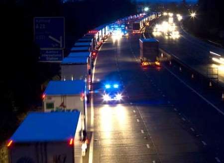 FAMILIAR SIGHT: Freight traffic queuing at junction 9 of the M20 on Monday. Picture courtesy Countrywide Photographic